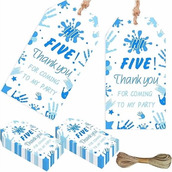 50PCS Hi Five Thank You Tags, High Five Birthday Party Decorations Boy, Blue 5th Birthday Decorations Appreciation Gift Tags with String, High Five Birthday Thank You for Coming Tags