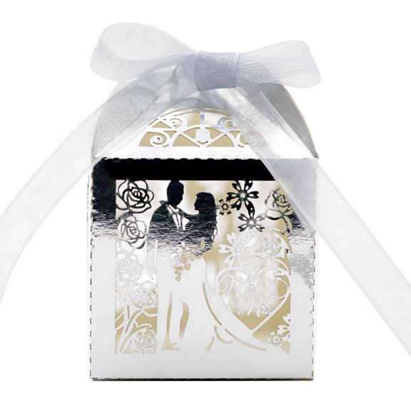 50PCS Hollow Wedding Candy Boxes with Ribbon Elegant Paper Favor Gift Boxes for Chocolates, Cookies, and Party Decorations, Silver