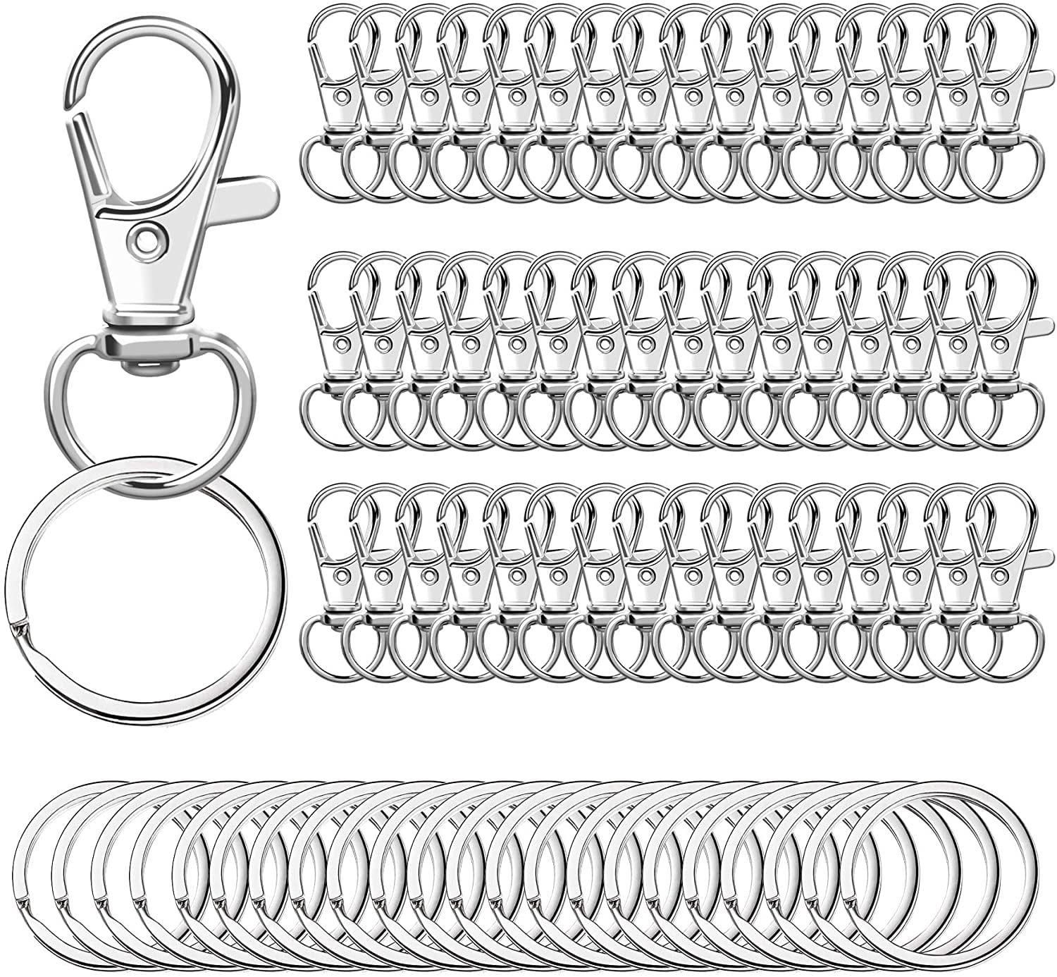 50PCS Swivel Clasp Hooks, Key Chain Hooks, Metal Swivel Lobster Claw Clasps, Lanyard Snap Hooks with Key Rings for Keychain Clip Lanyard Jewelry DIY Crafts(Silver)
