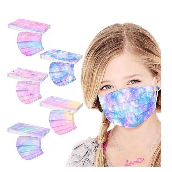 50PCS Kids Disposable Face Masks, 3-Ply Gradient Tie Dye Printed with Adjustable Nose Wire and Elastic Ear Loop for Girls & Boys, Back to School Supplies
