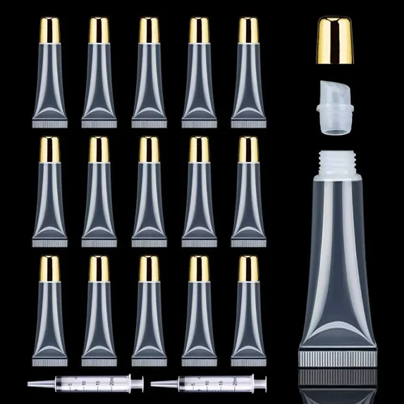 50PCS Lip Gloss Containers 10ml Gold Lip Gloss Tubes Empty Lip Balm Tubes Squeeze Tubes Lipgloss Supplies Lip Gloss Kit for Lip Gloss Base + 2 x 20ml Syringes & Labels