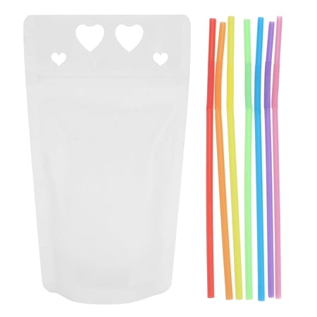 50PCS Love Pattern Clear Drink Pouches Heavy Duty Translucent Reclosable Zipper Stand up Plastic Bags with Bottom Gusset and 4 Straws