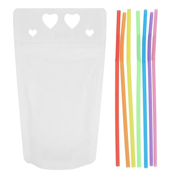 50PCS Love Pattern Clear Drink Pouches Heavy Duty Translucent Reclosable Zipper Stand up Plastic Bags with Bottom Gusset and 4 Straws