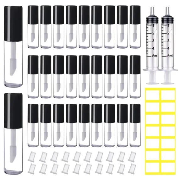 50PCS Mini Clear Refillable Lip Gloss Tubes with Wand 1.2ml Empty Containers Travel Lip Balm Bottles for Samples with 5ml Syringes DIY Lip Gloss Base + Tag Labels Stickers (Black)