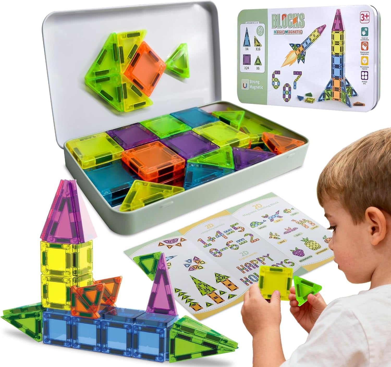50PCS Mini Magnetic Tiles Travel Set with Iron Storage Box, Portable ...