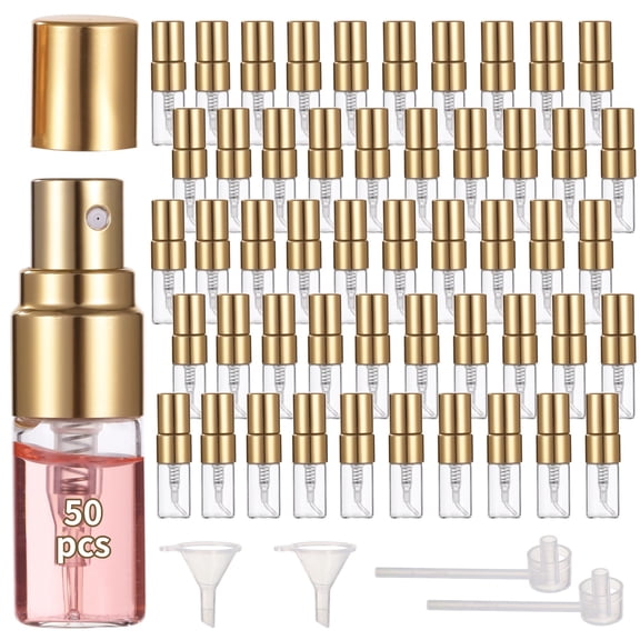 50PCS Mini Spray Bottles, 0.07oz/2ml Refillable Glass Perfume Bottles, Portable Travel Sample Containers with Caps, Fine Mist Atomizers with 2 Funnels and 2 Dispensers, Gold