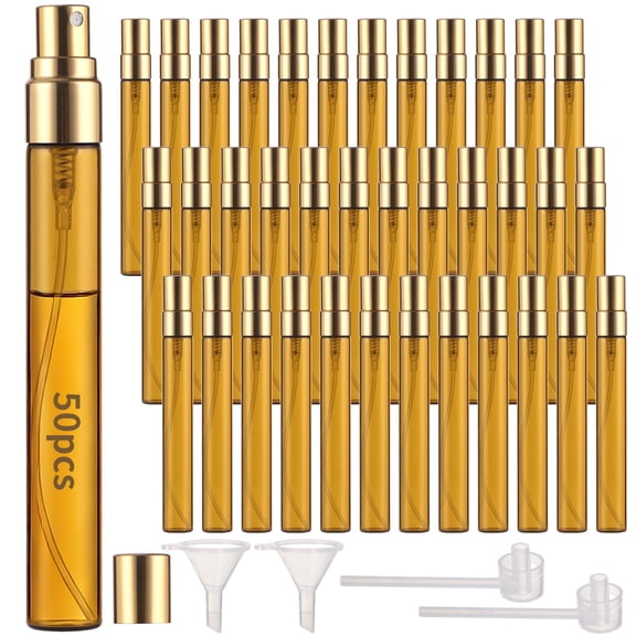 50PCS Mini Spray Bottles, Refillable Amber Glass Perfume Bottles, Portable Travel Sample Containers, Fine Mist Atomizers with Golden Caps, Includes 2 Funnels and 2 Dispensers