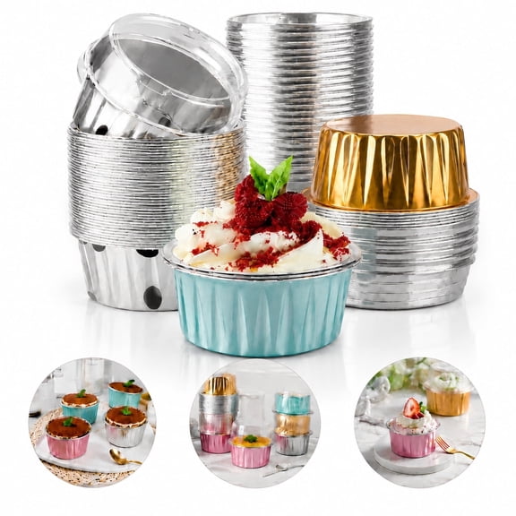 50PCS Mixed Color Disposable Ramekins with Clear Lids, Mini Aluminum Foil Baking Cups, Reusable Cupcake Liners, Flan Mold, Cupcake Tins, Dot Cake Cups, Mini Cupcake Pan for Dessert, Cheesecake & Part