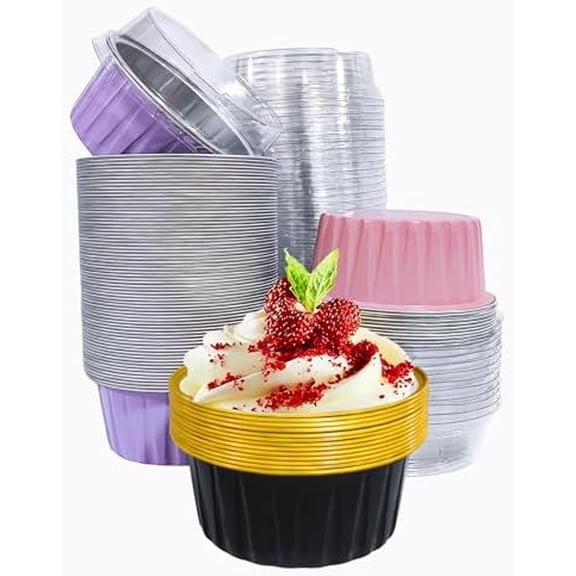 50PCS Mixed color Disposable Ramekins with lids,5oz Aluminium Foil Baking Cups Creme Brulee Mini cake pans, Cheesecake Pans Flan Molds Tin Cups Containers for Party (Mixed color with Lids 50PCS)