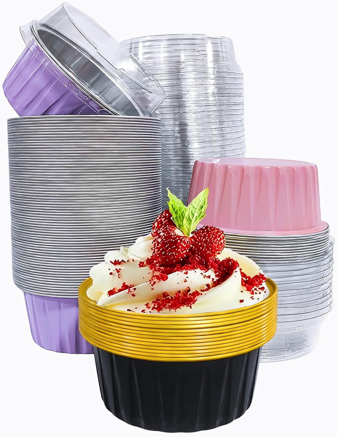 Disposable Mini Ramekins 50PCS Mixed color Disposable Ramekins with lids,5oz Aluminium Foil ...