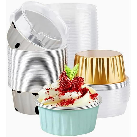 50PCS Mixed color Disposable Ramekins with lids,5oz Mini Aluminium Foil Baking Cups Creme Brulee Cupcake Liners, Desert Cheesecake Pans Flan Molds Tin Containers for Party