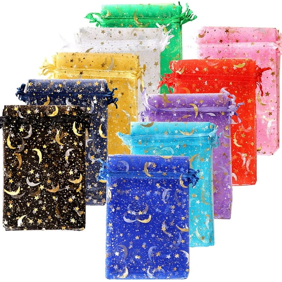 50PCS Moon Star Organza Bags, 3X4 Organza Jewelry Candy Bags, Mixed Color Organza Favor Bags Gift Pouch with Drawstring for Wedding Party