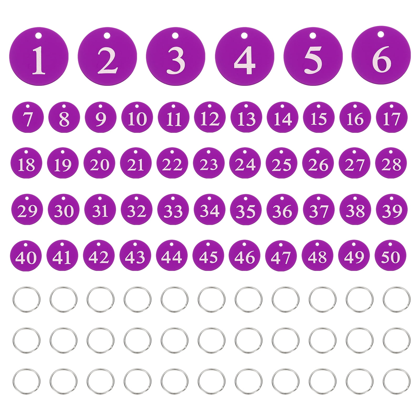 50PCS Number Tags 1-50, Number Key Tags Aluminum Numbered Tags Metal Key Tags Keychain with Key Rings for Organizer Field Sales Hangers Clothes Labels ID Tag, Purple
