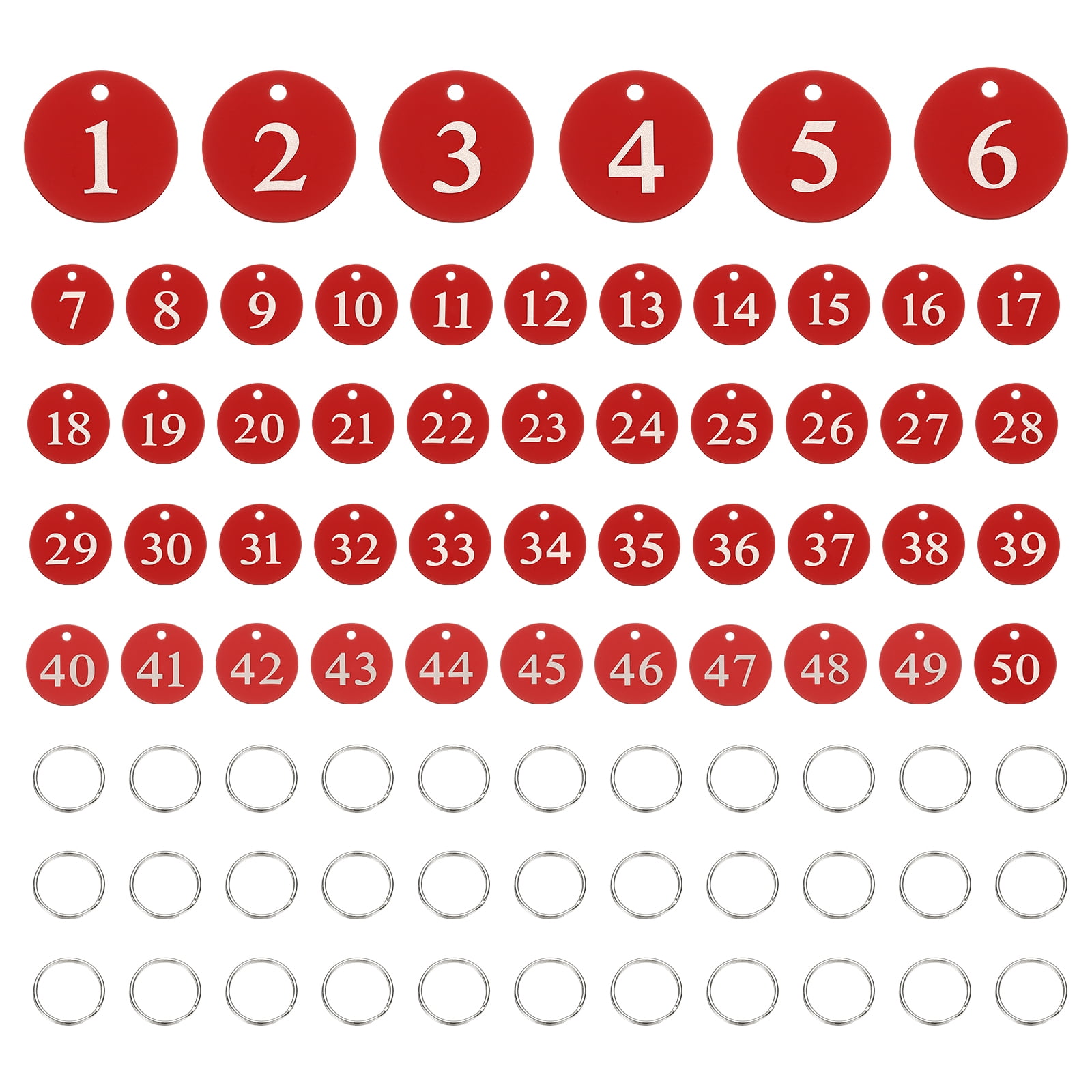 50PCS Number Tags 1-50, Number Key Tags Aluminum Numbered Tags Metal Key Tags Keychain with Key Rings for Organizer Field Sales Hangers Clothes Labels ID Tag, Red