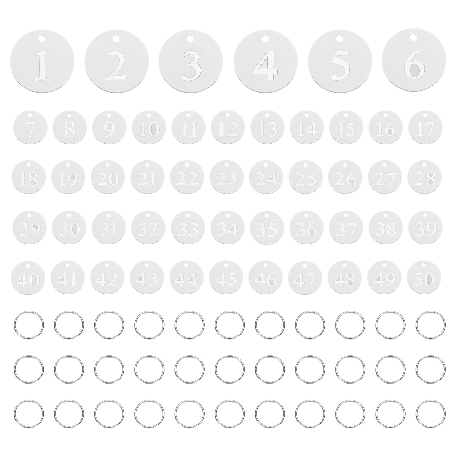 50PCS Number Tags 1-50, Number Key Tags Aluminum Numbered Tags Metal Key Tags Keychain with Key Rings for Organizer Field Sales Hangers Clothes Labels ID Tag, Silver