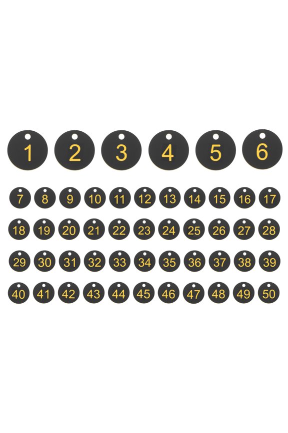 50PCS Number Tags 1-50, Number Key Tags Plastic Numbered Tags Key Tags Keychain for Organizer Field Sales Hangers Clothes Labels ID Tag, Black Yellow