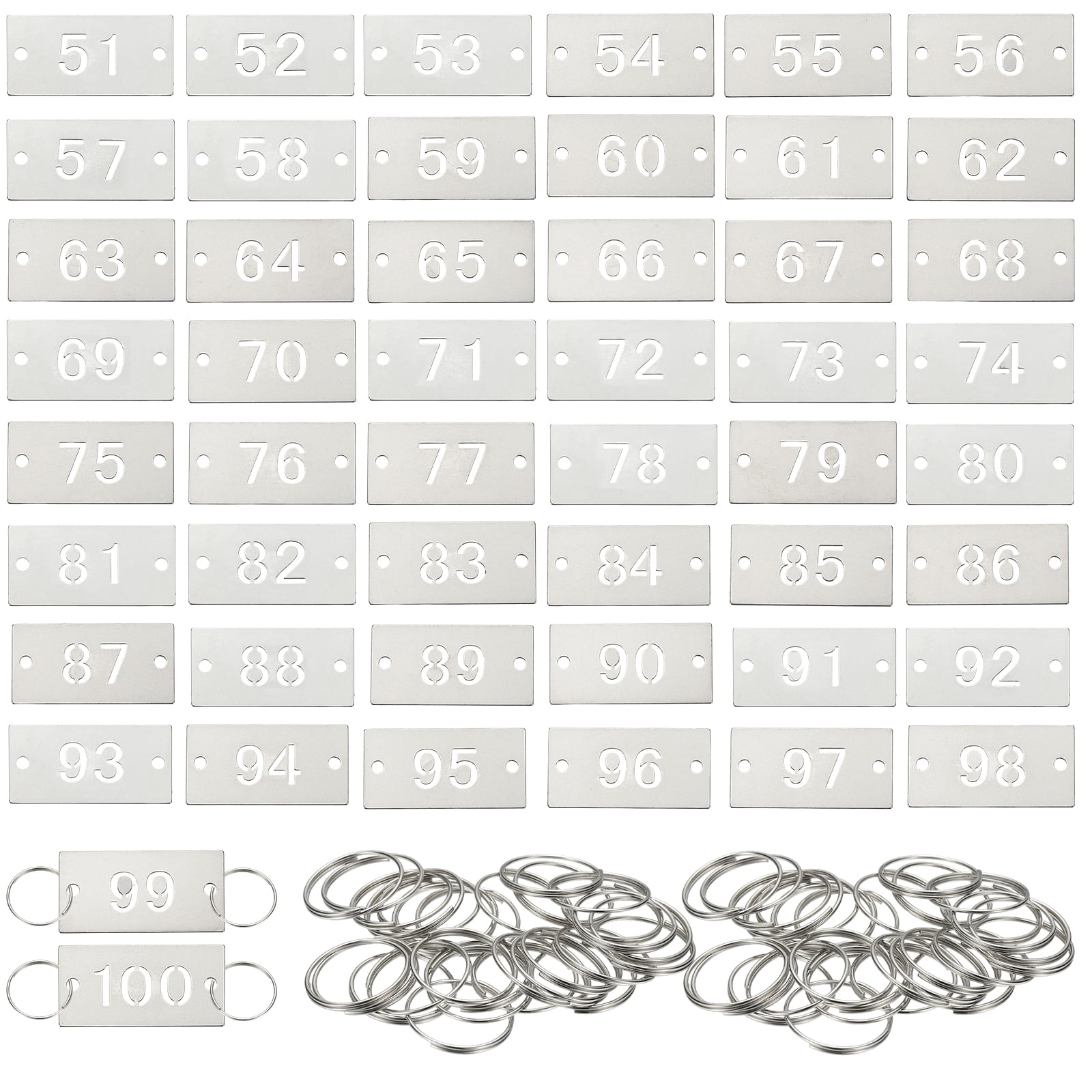 50PCS Number Tags 51-100, Number Key Tags Stainless Steel Numbered Keychain Metal Sheet Plate with 2 Holes Key Rings for Plant Organizer Field Hangers Labels, Rectangle, Silver