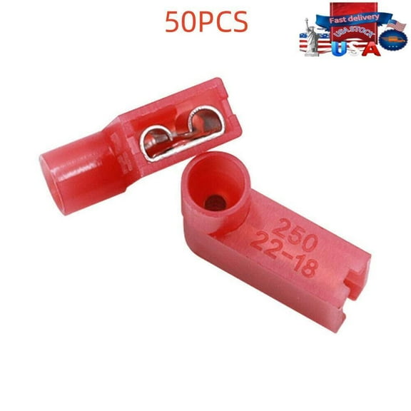 50PCS Nylon Flag Spade Terminal Connector Red 22-18AWG Insulated Right Angle