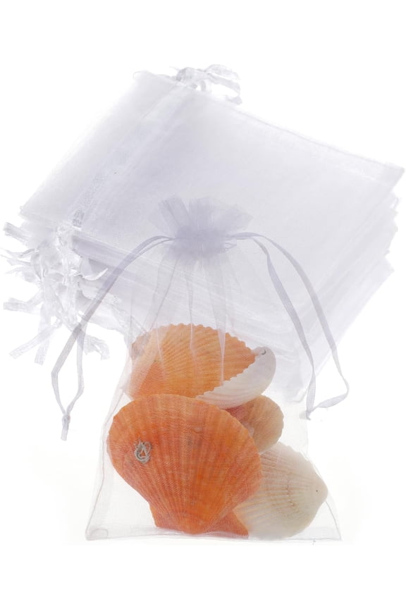 50PCS Organza Bags Small 15X10cm White Mesh Bags Drawstring, Sheer Sachet Pouch Favor Mesh Gift Bags for Valentines Wedding Eid Mubarak Halloween Eve Christmas New Year Party Candy Fruit Wrap Bulk