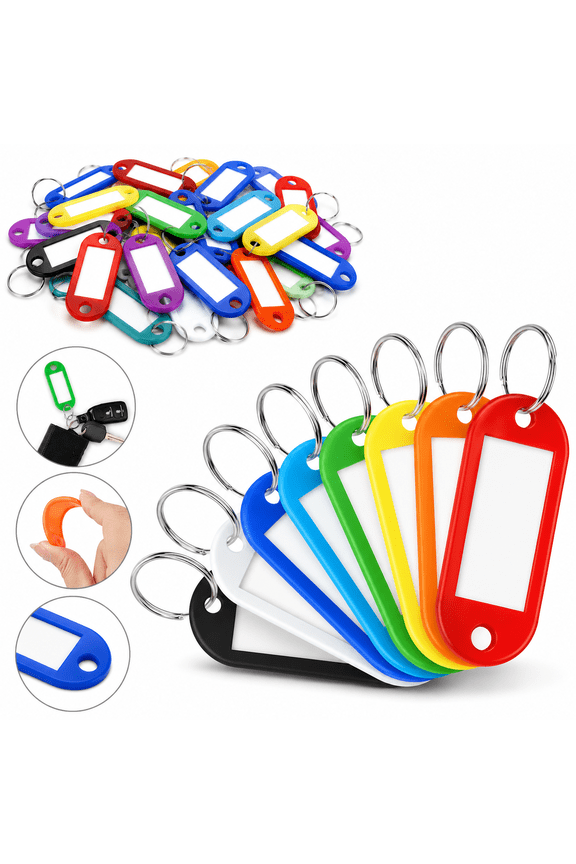 50PCS Plastic Key Tags With Split Rings Reusable Keychain Labels ID Name Tags for Keys Luggage Suitcase Backpack Locker Office Storage Organization Multi Color Key Identifier Set