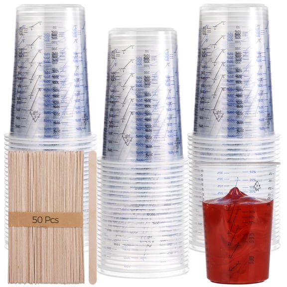 50PCS Plastic Measuring Cups, 32oz Disposable Mixing Cups with 50 Wooden Sticks, Precision Ratio 2:1, 3:1, 4:1, Clear Graduated Cups for Epoxy Resin, Paint, Liquid Measuring Projects