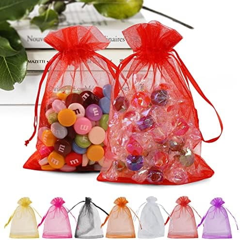 50PCS Premium Red Organza Bags 5x7 inches Mesh Bags Drawstring, Small Gift Bag for Birthday Party Wedding Favors, Sheer Mesh Pouches Drawstring for Valentine Gifts