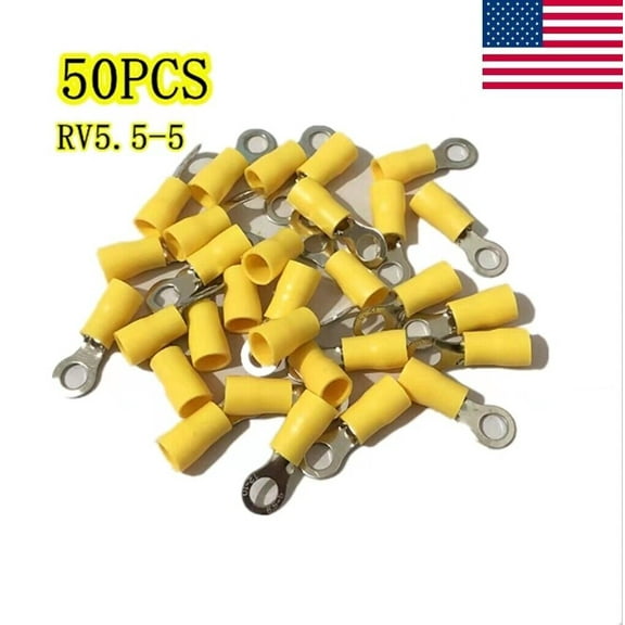 50PCS RV5.5-5 12-10AWG Yellow Sleeve Pre Insulated Ring Terminals Connectors