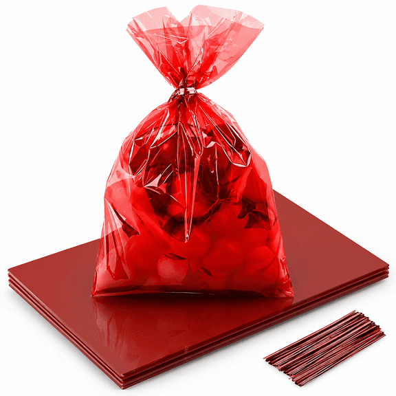 50PCS Red Cellophane Treat Bags 811 Inch Large Solid Color Candy Bags with 60 Twist Ties for Party Favors, Cookies, Holiday Gifts & Goodies Clear Plastic Gift Bags for Treats & Crafts
