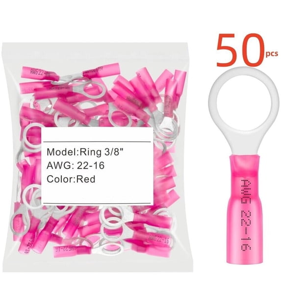 50PCS Red Heat Shrink Ring Terminals Wire Connectors 3/8" Stud (M10) 22-16AWG