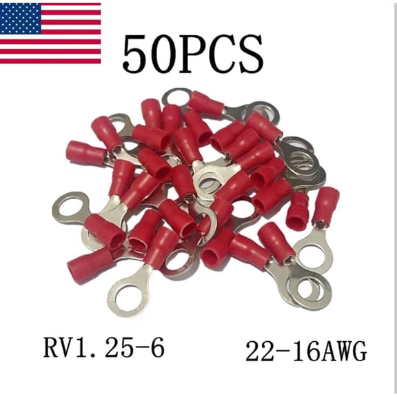 50PCS Red Ring Cable Wire crimp Connector terminal block 22-16AWG RV1.25-6