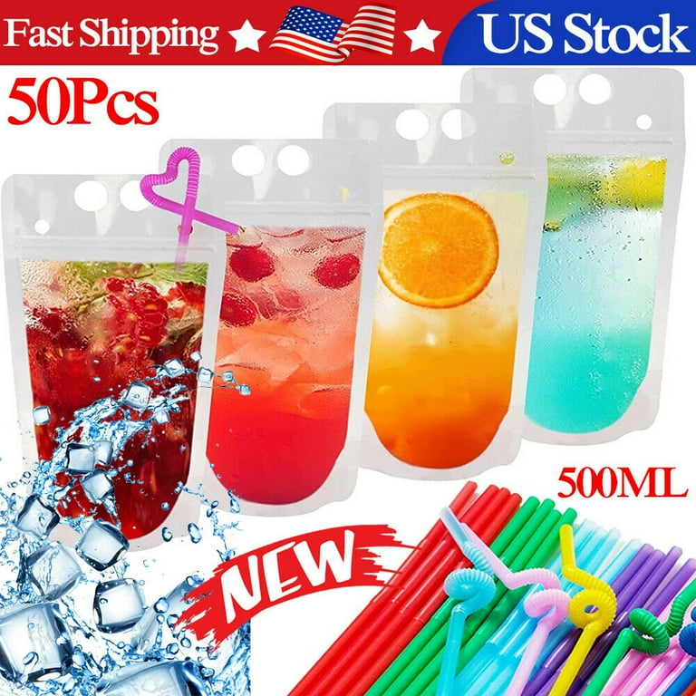 50PCS Reusable Drink Pouches with individually Wrapped Straws Clear Smoothies Juices Pouches Bags Stand up Plastic Zipper Frozen Drink Pouches for Adults 17oz Walmart