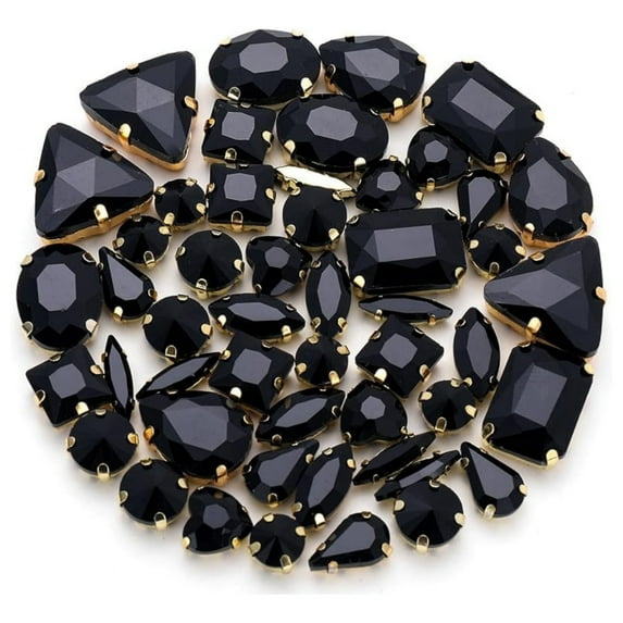 50PCS Rhinestones Beads, Metal Flatback Gold Prong Setting Sewing Claw Glass Rhinestone, Mixed Shapes Crystals Glass Beads Jewelry Crafts Clothes Shoes Belt Dress Decorations,Black