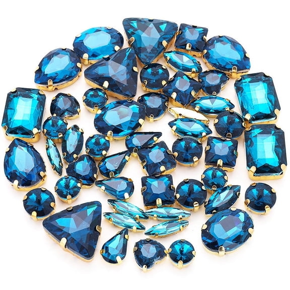 50PCS Rhinestones Beads, Metal Flatback Gold Prong Setting Sewing Claw Glass Rhinestone, Mixed Shapes Crystals Glass Beads Jewelry Crafts Clothes Shoes Belt Dress Decorations,Porous blue