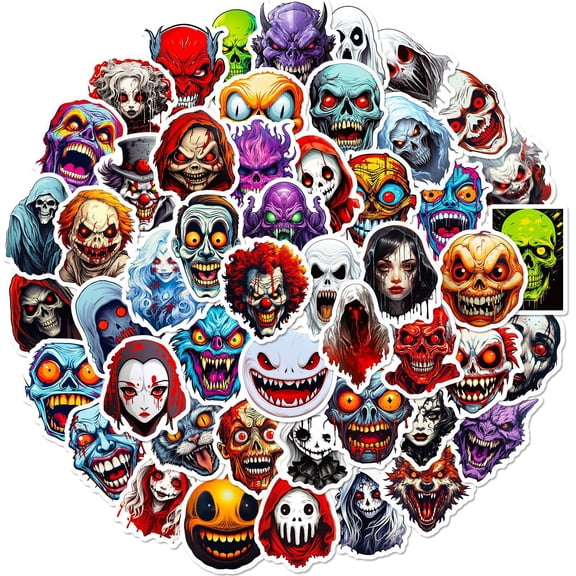 50PCS Scary Horror Face Stickers Pack, Waterproof Vinyl Terror Skull Demon Monster Decals for Skateboard Luggage Laptop, Halloween Spooky Gift for Teens Adults