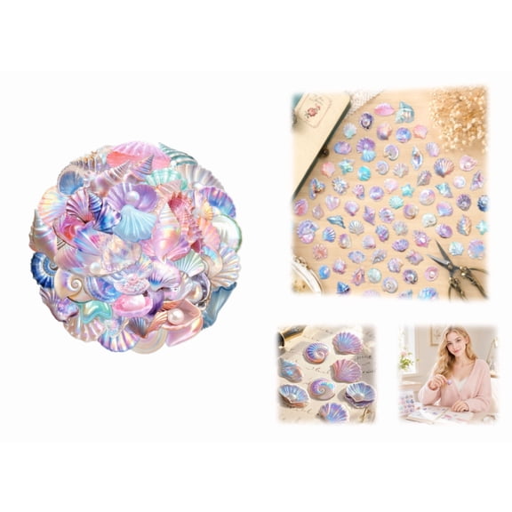 50PCS Seashells Stickers, Aesthetic PET Conch Stickers Clamshell Pearls Decal Waterproof Decorative Decals for Scrapbook