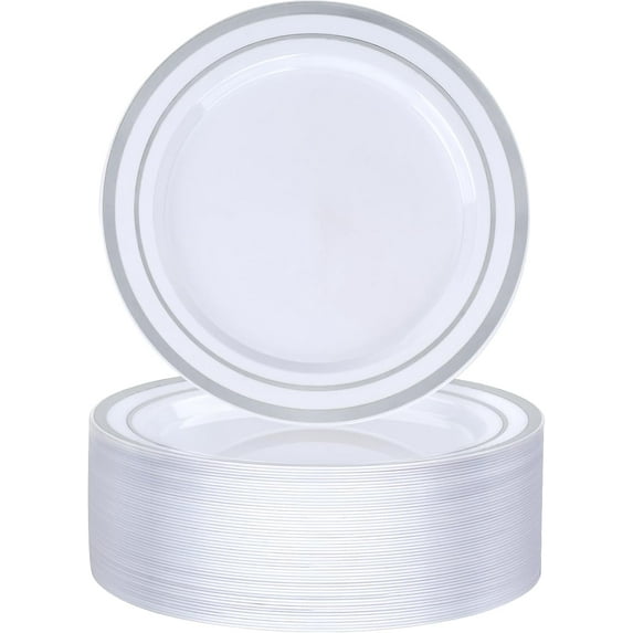 50PCS Silver Plastic Plate, 7 Inch Disposable Dessert Plate Party with Silver Rim, Heavy Duty Disposable Plastic Plates for Party, Wedding and Birthday