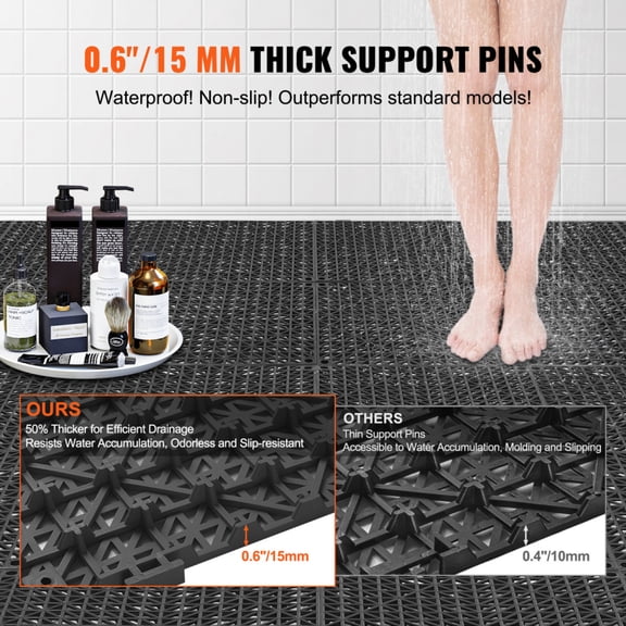 50PCS Soft PVC Interlocking Drainage Floor Tiles 12 x 12 Inch Black Non Slip Tiles with Drainage Holes for Pool Bathroom Wet Areas