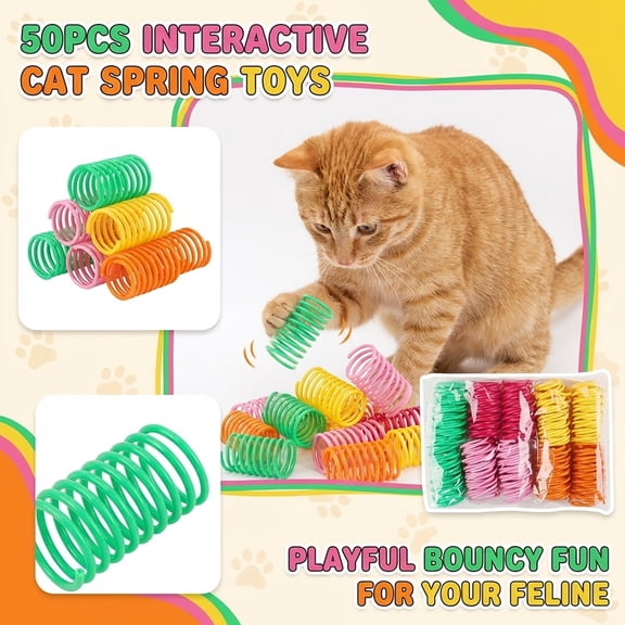 50PCS Spring Cat Toy Set, Colored Plastic Jumping Spring Cat Toy, Interactive Bouncing Toys for Indoor Cats & Kittens, Pet Cat Toy (Spring Colors are Random)