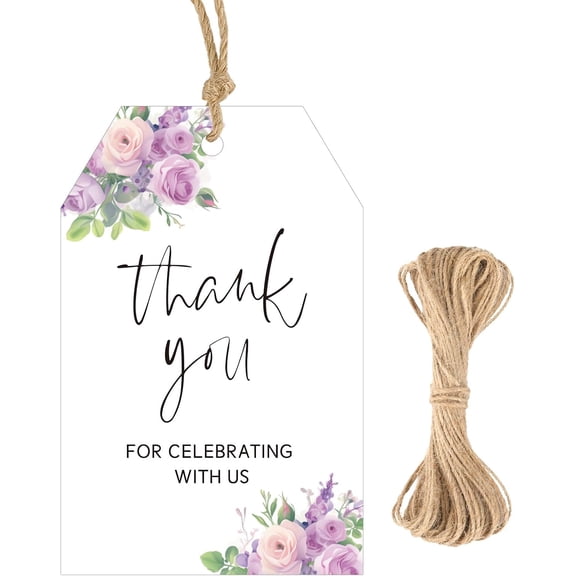 50PCS Thank You Gift Tags with Twine - 3.3X2.2In Purple Floral Paper Tags for Wedding Favors, Baby Shower, Bridal Shower, Party Decorations, Mothers Day