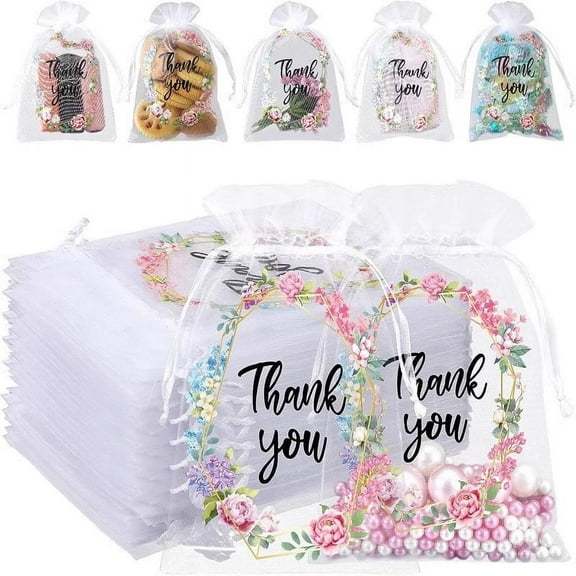 50PCS Thank You Small Organza Bags with Drawstring, 4 x 6 Mesh Wedding Party Favor Tulle Bags for Sachet Candy Soap Makeup Jewelry Present
