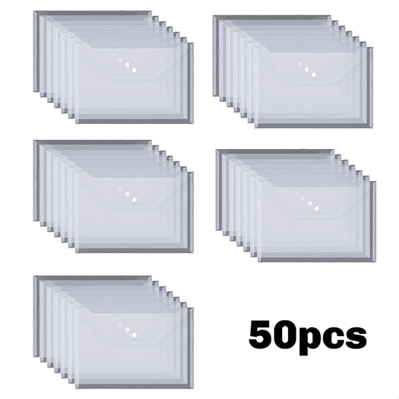 50PCS Transparent Waterproof Envelope Folder with Buttons, A4 Size, Thickened Plastic Material for School Office