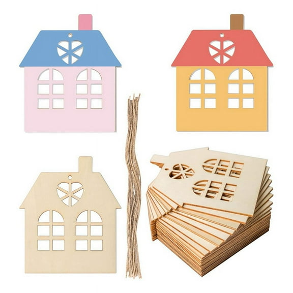 50PCS Unfinished House Shape Wooden Tag Hanging Wood Cutout Blank Wood Slices Wooden Gift Tags with Twine