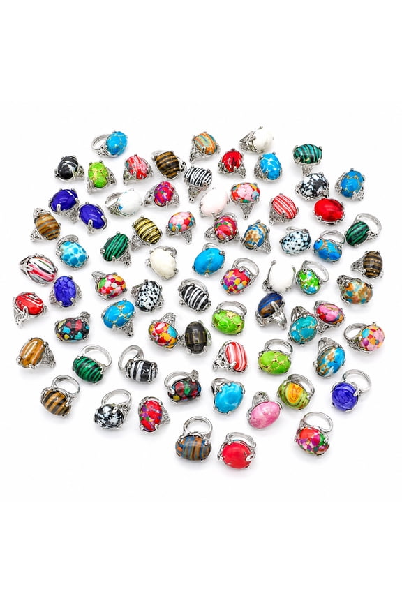 50PCS Vintage Silver Knuckle Rings Set, Wholesale Delicate Jewelry Lots Artificial Malachite Stone, Boho Mixed Color Stone Rings, Alloy Stone Vintage Ring Set, Imitation Turquoise Rings for Gifts