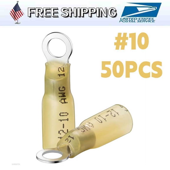 50PCS Waterproof Crimp Wire Connector 12-10AWG Heat Shrink Ring Terminal #10