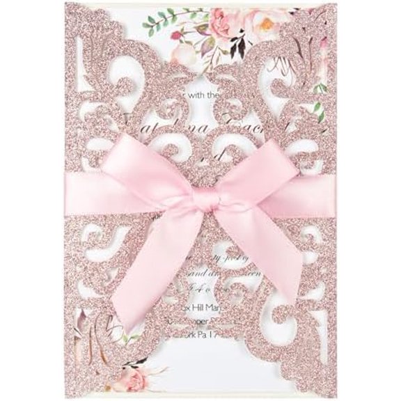 50PCS Wedding Invitation, Pink Laser Cut Invitations with Envelopes and RSVP Cards for Wedding Engagement Baby Bridal Shower Quinceanera Birthday Party Invites