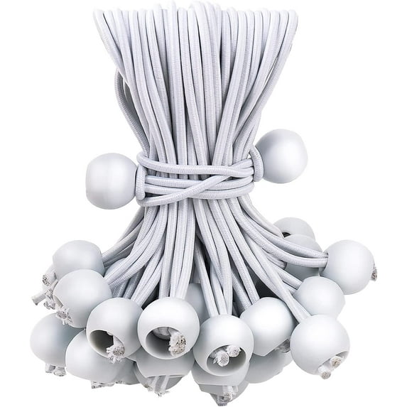 50PCS White Ball Bungee Cords, 9 Inch Heavy Duty Outdoor Bungee Cord with Balls, Tarp Tie Down Bungee Balls for Shelter, Camping, Cargo,Tent Poles UV Resistant