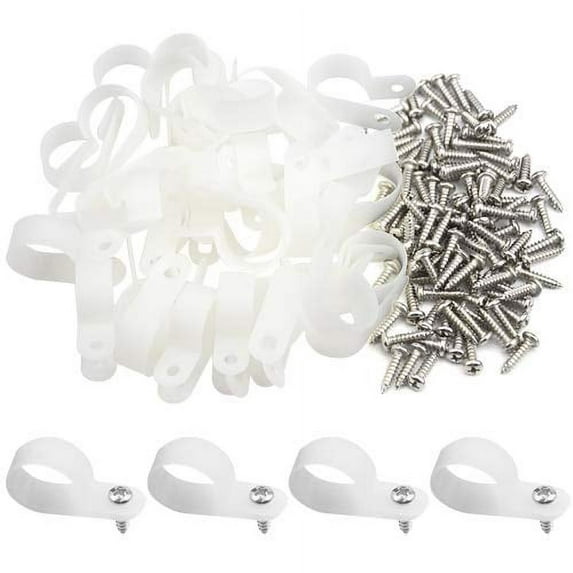 50PCS White Nylon R-Type Cable Clamp Fastener for 19.4mm ( 3/4" ) Dia Wire Tube Plastic Wire Cord Clip Fixer with 50 Pack Screws for Wire Management