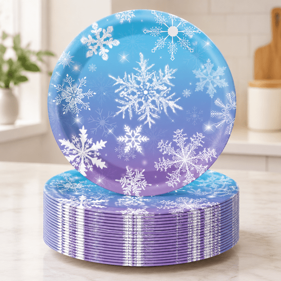 50PCS Winter Snowflake Paper Plates 7 Inch, Disposable Blue Snowflake Christmas Cake Dessert Plates for Holiday Winter Wonderland Party Decorations