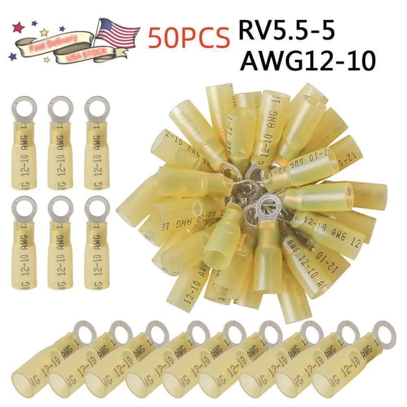50PCS Wire Crimp Connectors Waterproof Heat Shrink Ring Terminals 12-10AWG #10