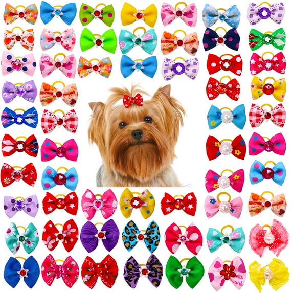 50PCS Yorkie Dog Hair Bows with Rubber Bands Rhinestone,Cute Dog Bows Dog Hair Bowknot for Small Dogs Puppy Hair Bows Pet Grooming Bows Dog Cat Hair Accessories for for Halloween Thanksgiving